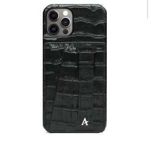Affluent LEATHER IPHONE 13 Pro/12 Pro CARD HOLDER FINGER LOOP CASE in Black Croc